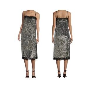 Gianni x Lilly Sisto Allegra Sequin Lace Trim Square Neck Slip Midi Dress